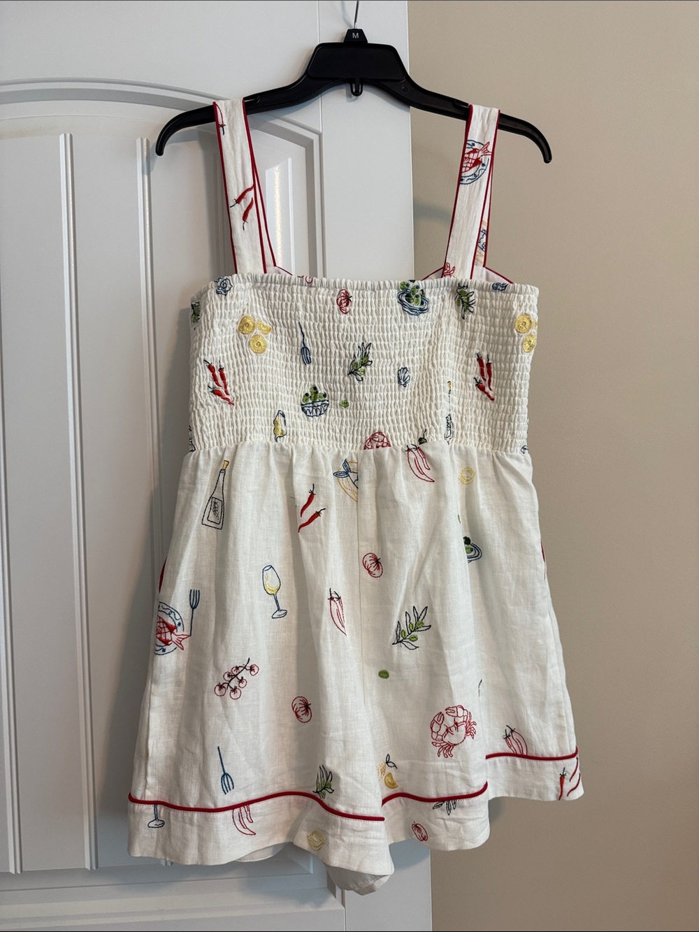 Caroline Constas Cream Linen Romper with Red Trim and Multicolor Embroidery - Picture 9 of 10